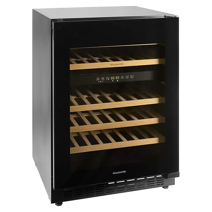Wolkenstein Weinkühlschrank UWTS129 - Einbaugerät, L x B x H: 57 x 59,5 x 82 cm, Schwarz - Schwarzer Weinkühlschrank mit Glastür, Holzregalen und Digitalanzeige.