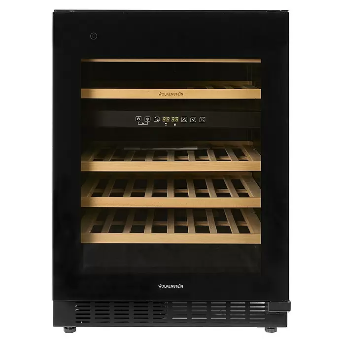Wolkenstein Weinkühlschrank UWTS129 - Einbaugerät, L x B x H: 57 x 59,5 x 82 cm, Schwarz - Schwarzer Weinkühlschrank mit Glastür, Holzregalen und digitalem Bedienfeld.
