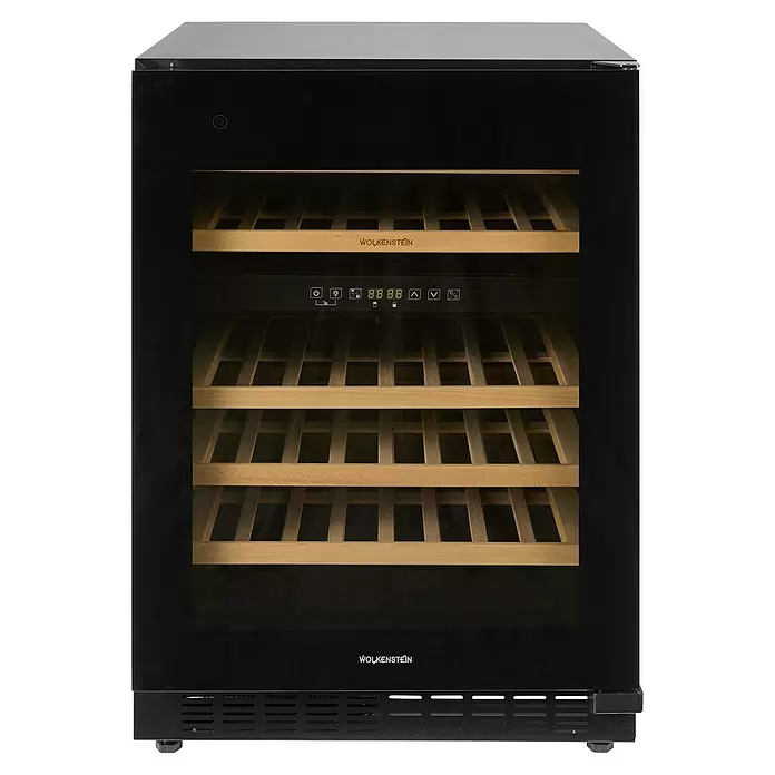 Wolkenstein Weinkühlschrank UWTS129 - Einbaugerät, L x B x H: 57 x 59,5 x 82 cm, Schwarz - Schwarzer Weinkühlschrank mit Glastür, Holzregalen und Digitalanzeige zur Temperaturregelung.