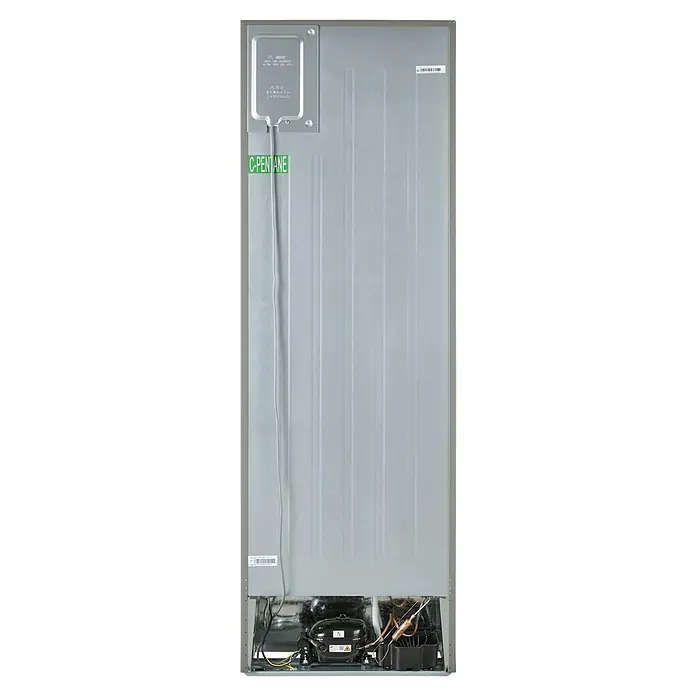 Wolkenstein Kühl-Gefrierkombination FD351.4A NF IX - Nutzinhalt Gesamt: 320 l, 68,5 x 63,5 x 185,5 cm, Inox - Rückansicht eines Kühlschranks mit Kompressor und C-Pentan-Isolierung für effiziente Kühlung und Energieeinsparung.