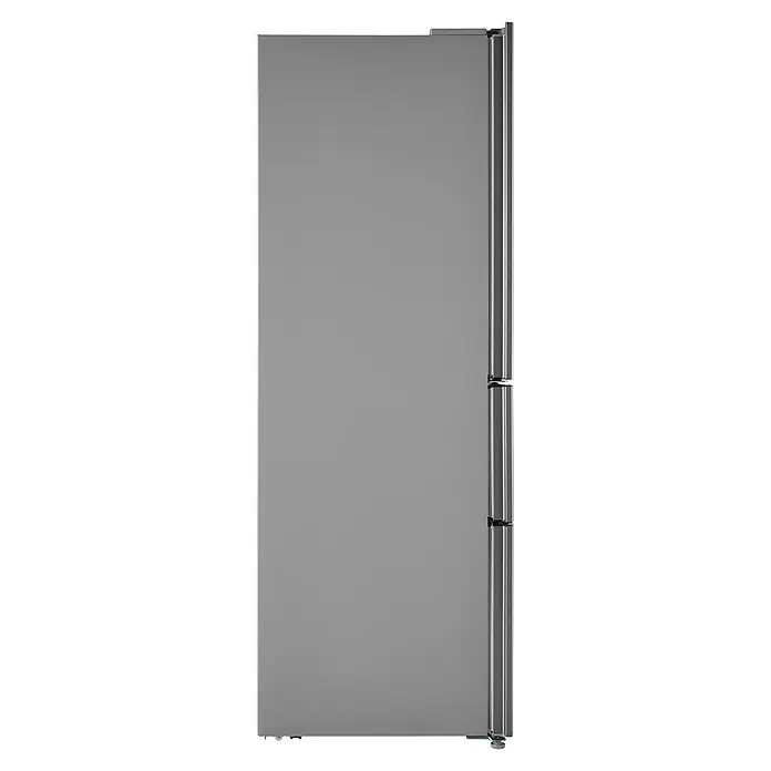 Wolkenstein Kühl-Gefrierkombination FD351.4A NF IX - Nutzinhalt Gesamt: 320 l, 68,5 x 63,5 x 185,5 cm, Inox - Seitenansicht eines grauen Kühlschranks mit Griffen. Das Gerät ist schlicht und modern gestaltet.