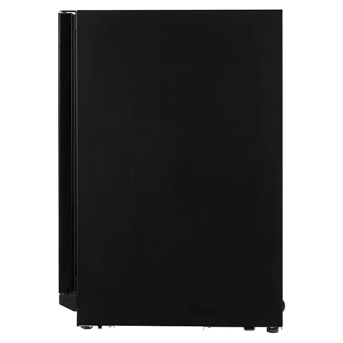 Wolkenstein Weinkühlschrank UWTS129 - Einbaugerät, L x B x H: 57 x 59,5 x 82 cm, Schwarz - Seitenansicht eines schlanken, schwarzen rechteckigen Geräts, z.B. Kühlschrank oder Weinkühler, mit definierter linker Kante und dezenten Füßen.