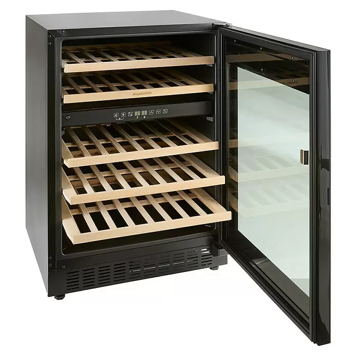 Wolkenstein Weinkühlschrank UWTS129 - Einbaugerät, L x B x H: 57 x 59,5 x 82 cm, Schwarz - Schwarzer Weinkühlschrank mit Glastür, mehreren hellen Holzablagen und digitaler Steuerung.