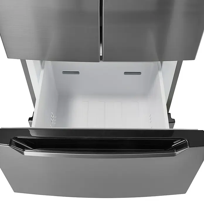 Wolkenstein Kühl-Gefrierkombination FD351.4A NF IX - Nutzinhalt Gesamt: 320 l, 68,5 x 63,5 x 185,5 cm, Inox - Geöffneter Kühlschrank mit Edelstahltüren und einer ausziehbaren Schublade. Der Kühlschrank bietet viel Stauraum für Lebensmittel.