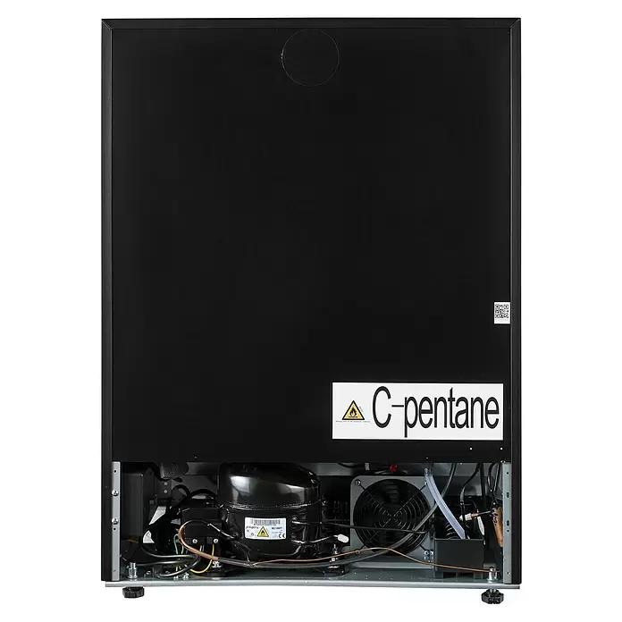 Wolkenstein Weinkühlschrank UWTS129 - Einbaugerät, L x B x H: 57 x 59,5 x 82 cm, Schwarz - Die Rückseite eines schwarzen Kühlschranks mit Kompressor, Lüfter und „C-Pentane“-Warnschild unten.