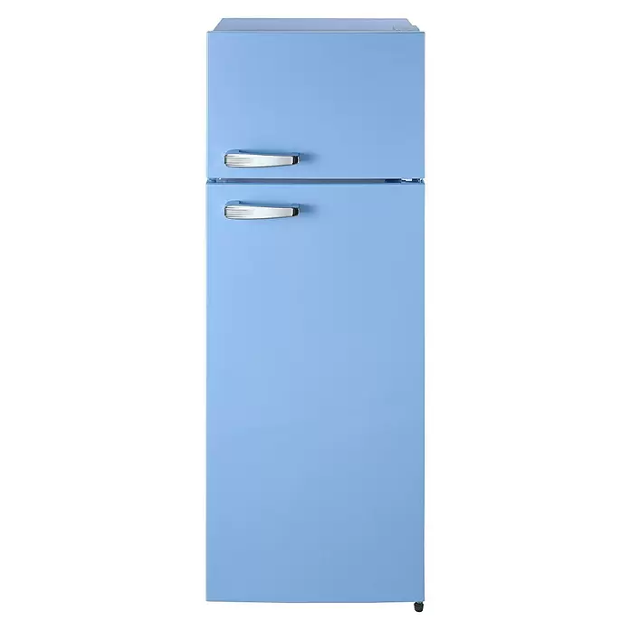 PKM Kühl-Gefrierkombination GK210 2 LB - Nutzinhalt Gesamt: 206 l, 54,5 x 54 x 143 cm, Hellblau - Hellblauer Retro-Doppeltür-Kühlschrank mit Chromgriffen.