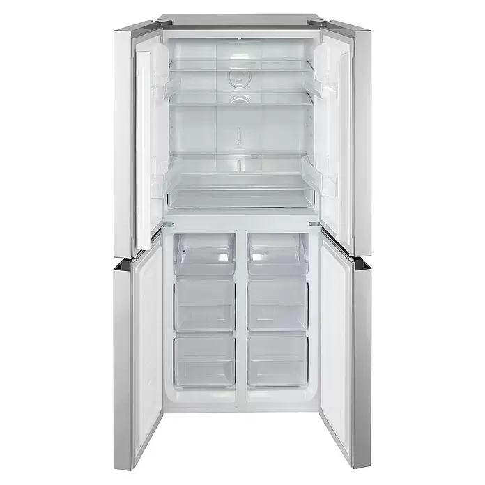 Wolkenstein Kühl-Gefrierkombination WCD362NFDEIX - Nutzinhalt Gesamt: 362 l, 62 x 79 x 180 cm, Inxo-Design - Offener silberner French Door Kühlschrank mit leerem weißen Innenraum, transparenten Ablagen und Gefrierschubladen.