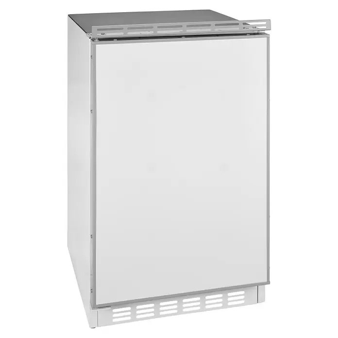PKM Kühl-Gefrierkombination KS82.3EUB - Nutzinhalt Gesamt: 83 l, 54,5 x 50 x 82,1 cm, Weiß - Weißer Unterbaukühlschrank mit grauer Abdeckung und grauem Lüftungspanel.