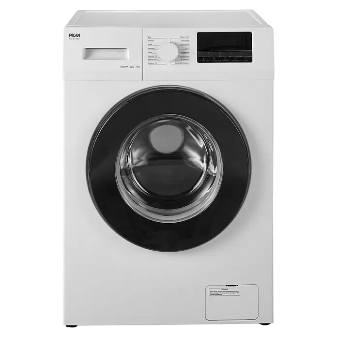 PKM Waschmaschine WA7 ES1416DAI - Max. Ladegewicht: 7 kg, Anzahl Programme: 16 Stk., Weiß - Weiße Frontlader-Waschmaschine mit schwarzer Tür, Digitalanzeige und deutschem Bedienfeld mit verschiedenen Programmen.