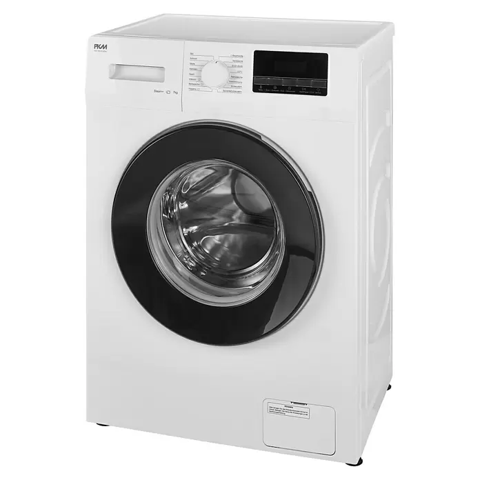 PKM Waschmaschine WA7 ES1416DAI - Max. Ladegewicht: 7 kg, Anzahl Programme: 16 Stk., Weiß - Weiße Frontlader-Waschmaschine mit schwarzer Tür und Bedienfeld.