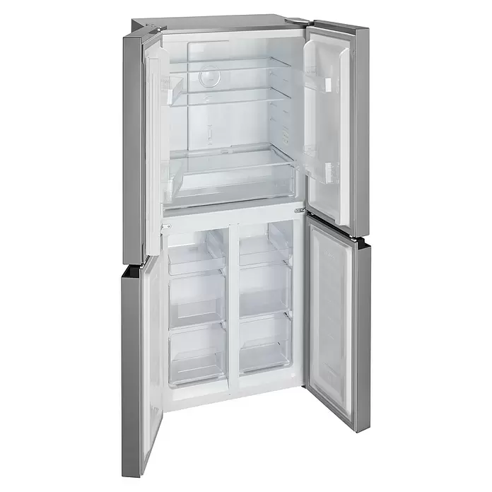 Wolkenstein Kühl-Gefrierkombination WCD362NFDEIX - Nutzinhalt Gesamt: 362 l, 62 x 79 x 180 cm, Inxo-Design - Edelstahl-French-Door-Kühlschrank mit geöffneten Ober- und Untertüren, zeigt weißen Innenraum mit Glasböden und transparenten Schubladen.