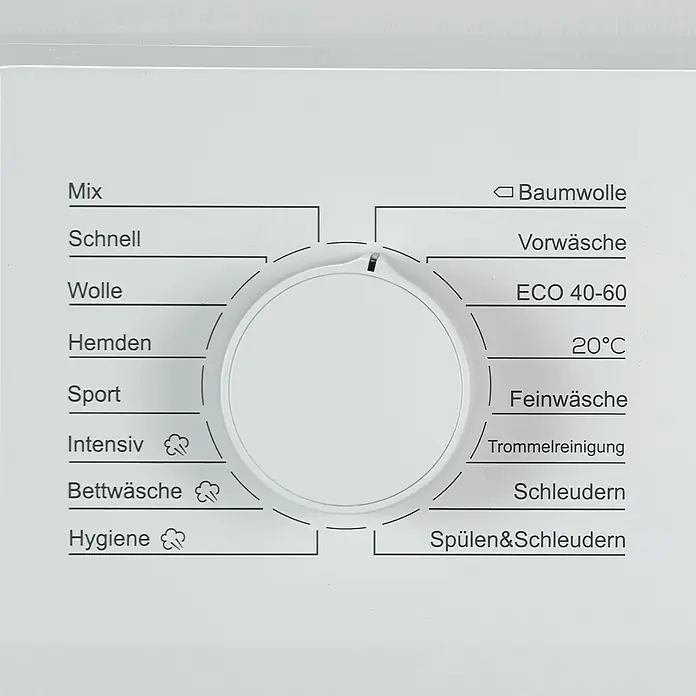 PKM Waschmaschine WA7 ES1416DAI - Max. Ladegewicht: 7 kg, Anzahl Programme: 16 Stk., Weiß - Nahaufnahme der Programmauswahl einer Waschmaschine, die verschiedene Optionen wie Baumwolle, Mix und Intensiv bietet.