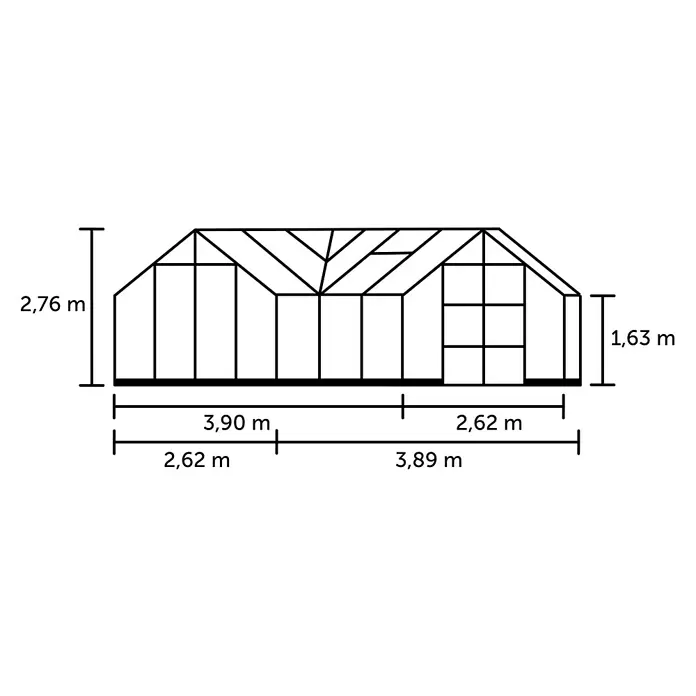 Halls Gewächshaus Garden Room - Außenmaß inkl. Dachüberstand (B x T): 262 x 381 cm, Material Seitenwand: Glas, 3 mm, Schwarz - Liniendiagramm eines Gewächshauses, das seine Vorderansicht mit Giebeldach und verschiedenen Bemaßungen für Höhe und Länge darstellt.