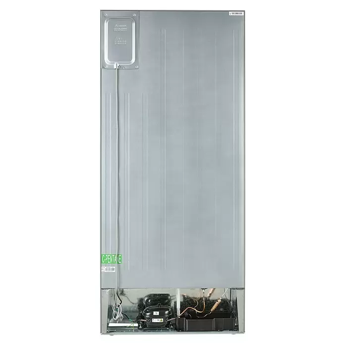 Wolkenstein Kühl-Gefrierkombination WCD362NFDEIX - Nutzinhalt Gesamt: 362 l, 62 x 79 x 180 cm, Inxo-Design - Rückseite eines Kühlschranks mit grauer Platte, Kompressoreinheit mit Kupferrohren und Warnschild.
