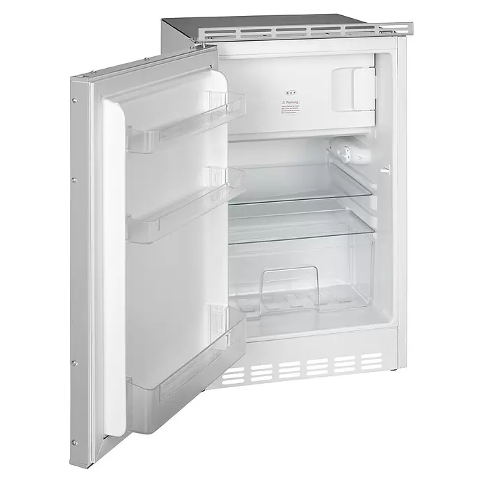 PKM Kühl-Gefrierkombination KS82.3EUB - Nutzinhalt Gesamt: 83 l, 54,5 x 50 x 82,1 cm, Weiß - Weißer Einbau-Minikühlschrank mit geöffneter Tür, zeigt Innenfächer und kleines Gefrierfach.