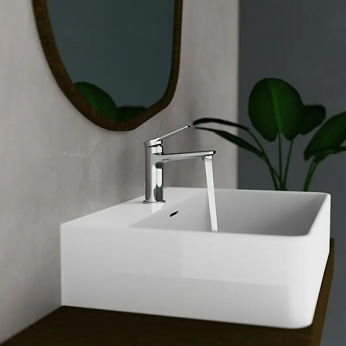 Camargue Waschtischarmatur Liana - Chrom, Glänzend - Elegantes Waschbecken mit moderner Armatur und fließendem Wasser, perfekt für stilvolle Badezimmerdesigns. Zeitgemäße Ästhetik und Funktionalität vereint.