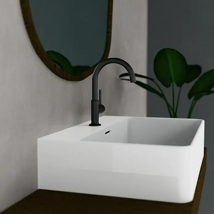 Camargue Waschtischarmatur Lima - Schwarz, Matt - Elegantes Badezimmerwaschbecken mit Armatur. Das moderne, weiße Waschbecken harmoniert perfekt mit der schwarzen Armatur und dem Spiegel.