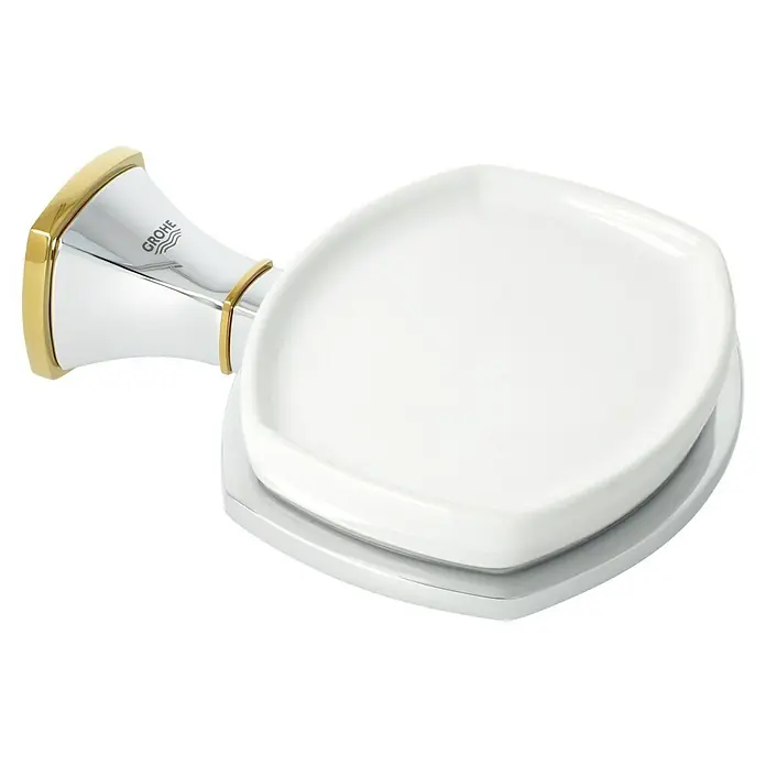 Grohe Grandera Seifenschale - Mit Halterung, Metall, Chrom/Gold - Hier ist ein elegantes, modernes Seifenablage-Set von Grohe zu sehen, das mit seinem Chrom- und Goldfinish einen Hauch von Luxus in jedes Badezimmer bringt.