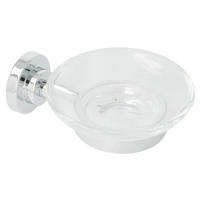 Camargue Lyon Seifenschale - Mit Halterung, Chrom, Glänzend - Nahaufnahme einer transparenten Seifenschale mit Chromhalterung zur Wandmontage. Elegantes Badezimmeraccessoire.
