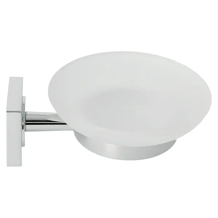 Camargue Cannes Seifenschale - Mit Halterung, Chrom, Glänzend - Nahaufnahme einer weißen Seifenschale mit Halterung zur Wandmontage, ideal für Badezimmer oder Küche. Elegantes Design für stilvolle Hygiene.