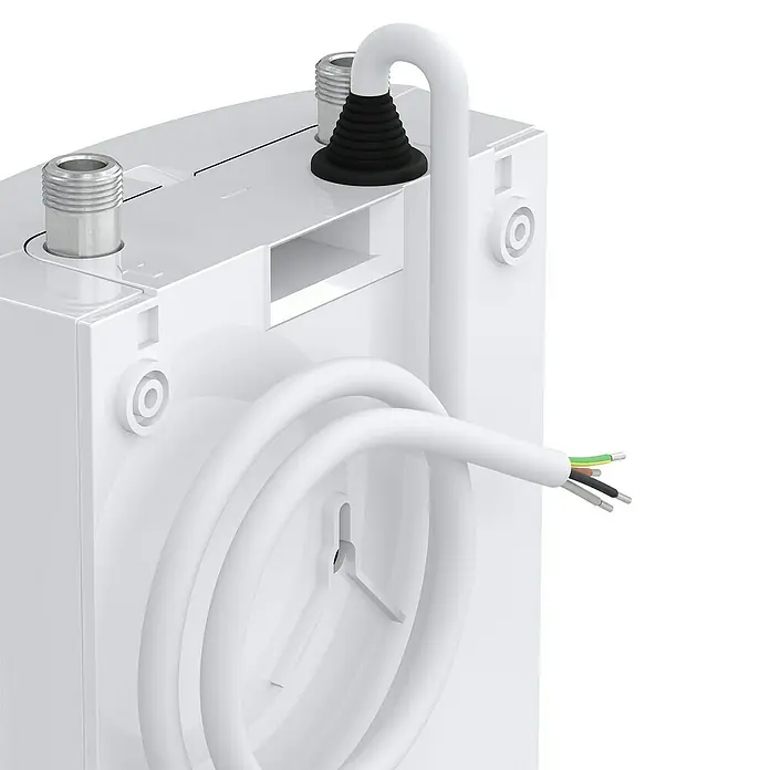 AEG Calentador DDLE 11/13 Kompakt - 13,5 kW, Electrónico - Vista posterior de un calentador de agua electrónico blanco con conexiones y cableado, ideal para proporcionar agua caliente en un hogar.
