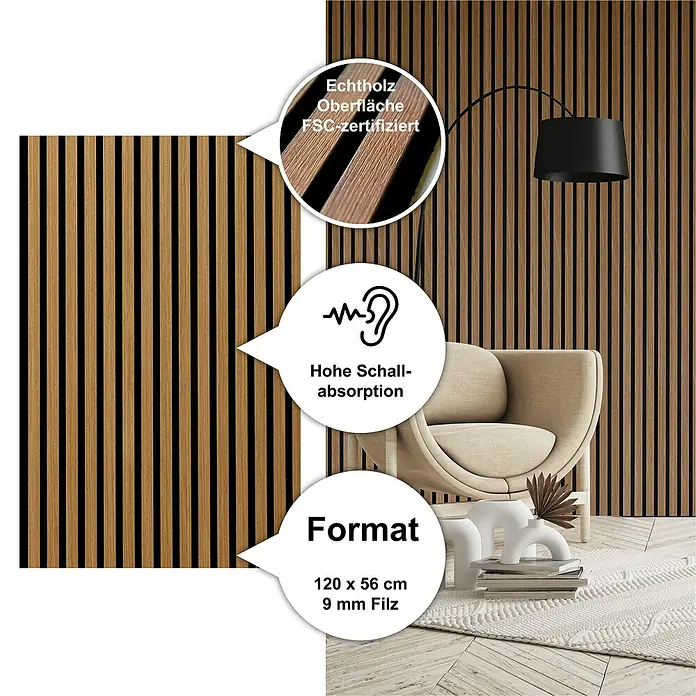Sonido Akustikpaneel Elements - Oiled Oak, L x B x S: 1.200 x 560 x 18 mm - Nahaufnahme einer Holzpaneelwand mit Akustikfunktion und Echtholzoberfläche, FSC-zertifiziert, Format 120x56 cm.