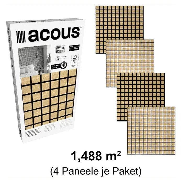 acous Akustikpaneel Blockbuster - Eiche hellbraun, L x B x S: 610 x 610 x 10,3 mm, 4 Stk. - Produktabbildung der akustischen Wandpaneele in Holzoptik, 4 Paneele pro Paket mit einer Fläche von 1,488 m².