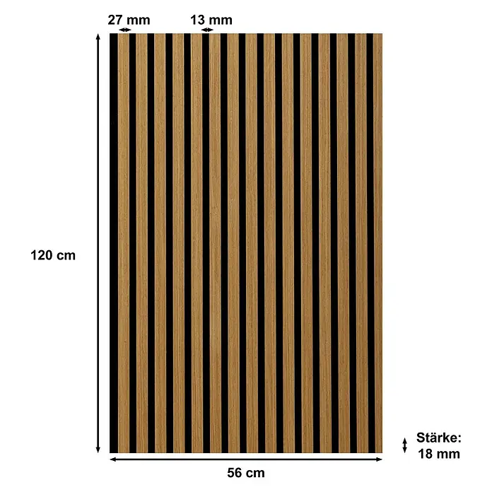 Sonido Akustikpaneel Elements - Oiled Oak, L x B x S: 1.200 x 560 x 18 mm - Abbildung einer Holzpaneelwand mit Maßangaben: 120 cm hoch, 56 cm breit, Lamellen 27 mm, Abstand 13 mm, Stärke 18 mm.
