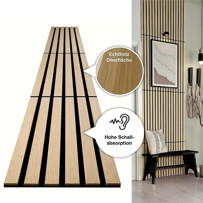 acous Akustikpaneel Compact - Eiche hellbraun, L x B x S: 2.440 x 305 x 10,3 mm, 2 Stk. - Akustikpaneele aus Holz mit hoher Schallabsorption und Echtholzoberfläche zur Wandgestaltung.