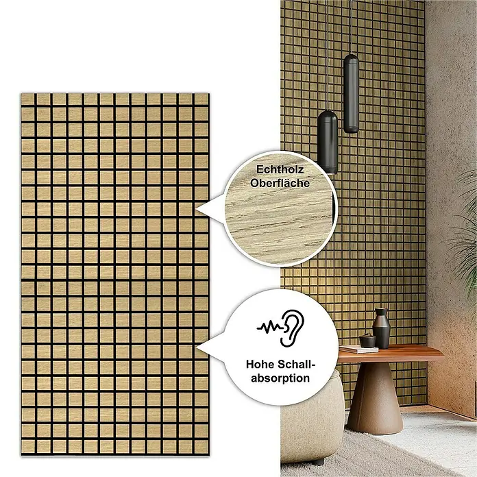 acous Akustikpaneel Blockbuster - Eiche hellbraun, L x B x S: 610 x 610 x 10,3 mm, 4 Stk. - Produktbild einer Schallschutzwand aus Echtholz mit quadratischen Elementen. Die Wand ist hellbraun mit schwarzen Fugen.