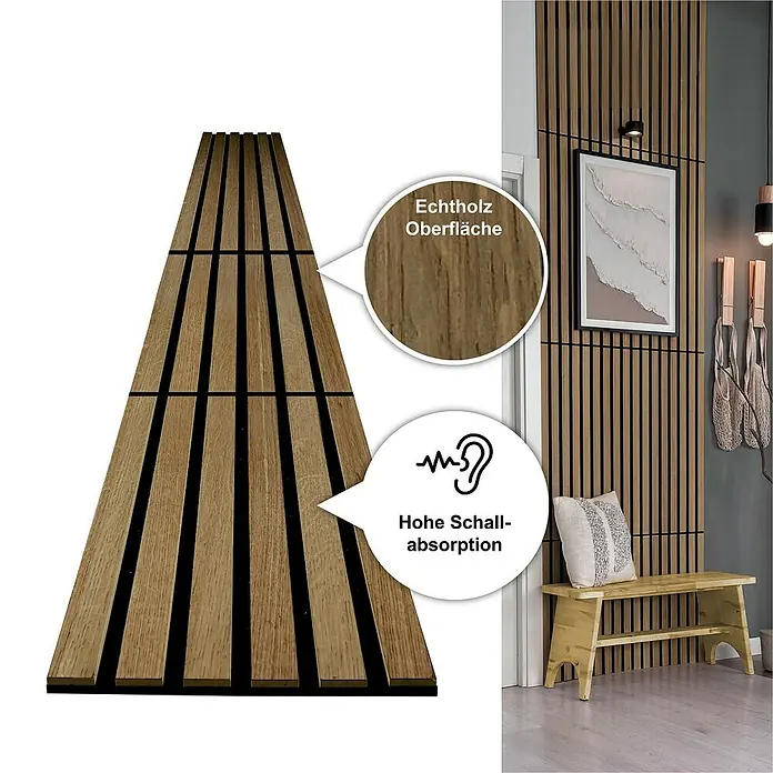 acous Akustikpaneel Compact - Eiche rustikal, L x B x S: 2.440 x 305 x 10,3 mm, 2 Stk. - Bild einer Akustikpaneelwand mit Echtholzoberfläche, die Schall gut absorbiert und eine angenehme Raumakustik schafft.