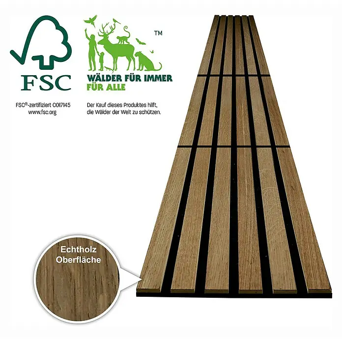 acous Akustikpaneel Compact - Eiche rustikal, L x B x S: 2.440 x 305 x 10,3 mm, 2 Stk. - Produktfoto von Holzpaneelen mit Echtholzoberfläche und FSC-Zertifizierung für nachhaltige Waldwirtschaft.