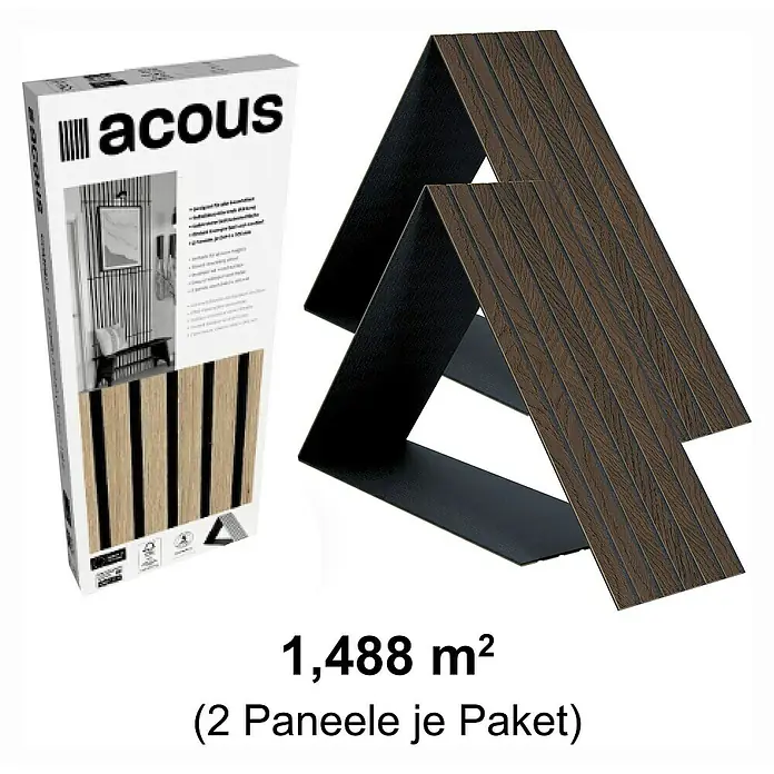 acous Akustikpaneel Compact - Eiche dunkel, L x B x S: 2.440 x 305 x 10,3 mm, 2 Stk. - Produktbild der Acous Akustikpaneele in Holzoptik, ideal zur Schallabsorption und Wandgestaltung. Praktische 2er-Packung für einfache Montage.