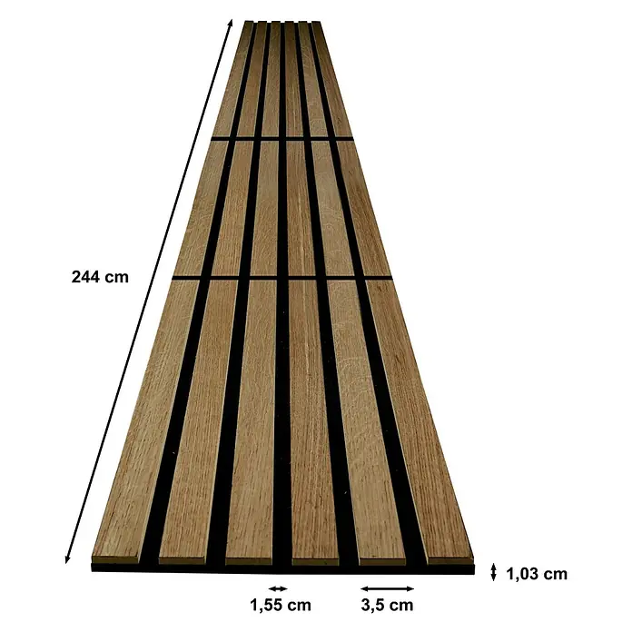 acous Akustikpaneel Compact - Eiche rustikal, L x B x S: 2.440 x 305 x 10,3 mm, 2 Stk. - Holzpaneele mit den Maßen 244 cm Länge, 3,5 cm Breite und 1,03 cm Dicke. Die Zwischenräume betragen 1,55 cm.