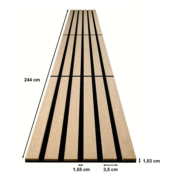 acous Akustikpaneel Compact - Eiche hellbraun, L x B x S: 2.440 x 305 x 10,3 mm, 2 Stk. - Abbildung einer Akustikwand aus Holzlatten mit Maßen. Die Wand besteht aus mehreren Latten mit dazwischenliegenden Abständen.