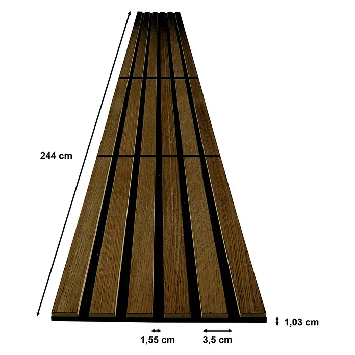 acous Akustikpaneel Compact - Eiche dunkel, L x B x S: 2.440 x 305 x 10,3 mm, 2 Stk. - Nahaufnahme einer Akustikpaneele aus Holz mit den Maßen 244 cm Länge, 3,5 cm Holzbreite und 1,03 cm Dicke.