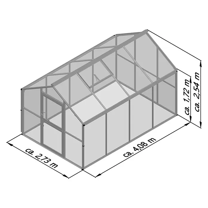 KGT Gewächshaus Novum IV - Außenmaß inkl. Dachüberstand (B x T): 273 x 408 cm, Material Seitenwand: Glas, 4 mm, Anthrazit-Grau - Graues Metallrahmen-Gewächshaus mit transparenten Paneelen, Spitzdach, geöffnetem Fenster und Tür. Maße: 4,08m L x 2,73m B x 2,54m H.