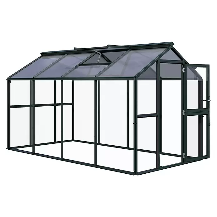 KGT Gewächshaus Galant IV - Außenmaß inkl. Dachüberstand (B x T): 216 x 408 cm, Material Seitenwand: Glas, 4 mm, Tannengrün - Dunkelgraues Gewächshaus mit lichtdurchlässigen Paneelen, Flügeltür und Dachlüftern.