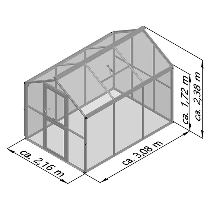 KGT Gewächshaus Galant III - Außenmaß inkl. Dachüberstand (B x T): 216 x 308 cm, Material Seitenwand: Glas, 4 mm, Tannengrün - Graues Aluminium-Gewächshaus mit transparenten Paneelen, Tür und Dachfenster, Maße ca. 3,08m (L) x 2,16m (B) x 2,38m (H).