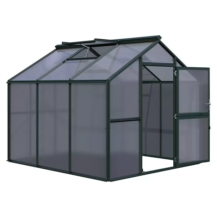 KGT Gewächshaus Novum III - Außenmaß inkl. Dachüberstand (B x T): 273 x 208 cm, Material Seitenwand: Kunststoff, 10 mm, Tannengrün - Dunkelgrünes Gewächshaus mit durchscheinenden Platten, offener Tür und geöffneten Dachlüftungen.