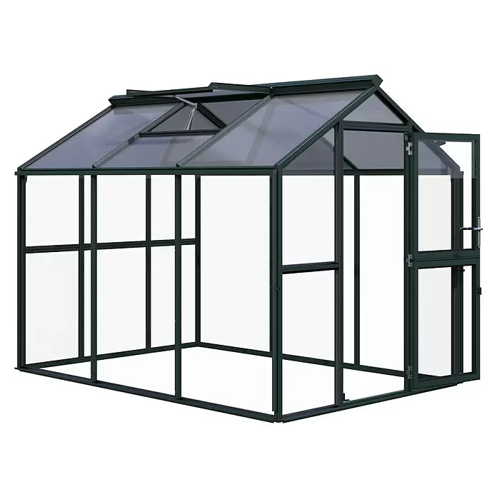 KGT Gewächshaus Galant III - Außenmaß inkl. Dachüberstand (B x T): 216 x 308 cm, Material Seitenwand: Glas, 4 mm, Tannengrün - Dunkelgrünes Gewächshaus mit transparenten Platten, offener Tür und geöffneten Dachluken.