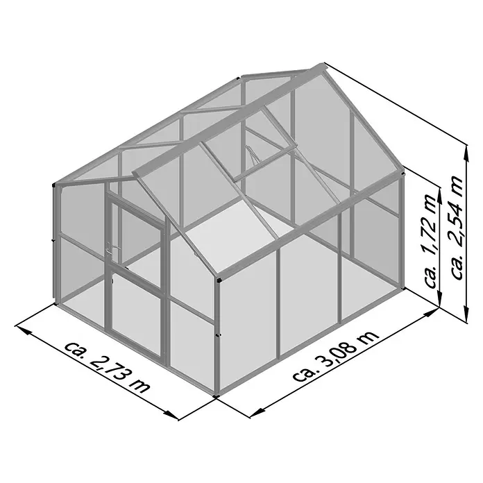 KGT Gewächshaus Novum III - Außenmaß inkl. Dachüberstand (B x T): 273 x 208 cm, Material Seitenwand: Glas, 4 mm, Tannengrün - Gewächshaus mit Aluminiumrahmen und transparenten Paneelen, Tür und Dachlüftern. Maße ca. 2,73m B, 3,08m L, 2,54m H.