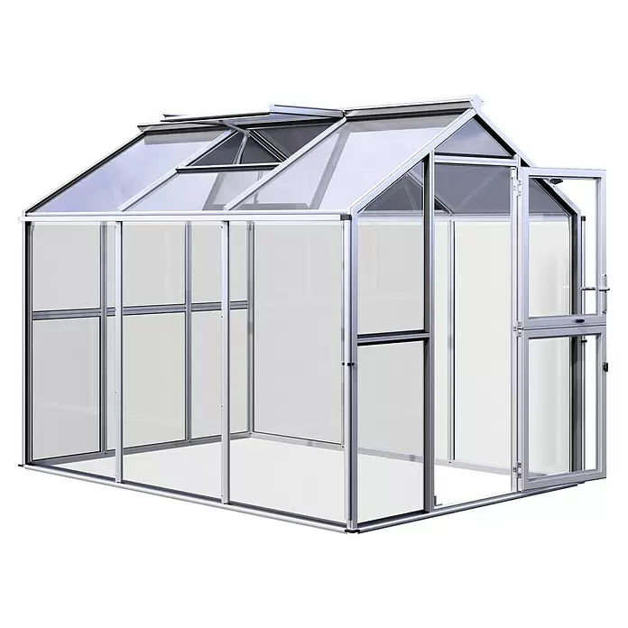 KGT Gewächshaus Galant III - Außenmaß inkl. Dachüberstand (B x T): 216 x 308 cm, Material Seitenwand: Glas, 4 mm, Pressblank - Ein silbergerahmtes Gewächshaus mit transparenten Paneelen, einer Flügeltür und zwei Dachlüftern.