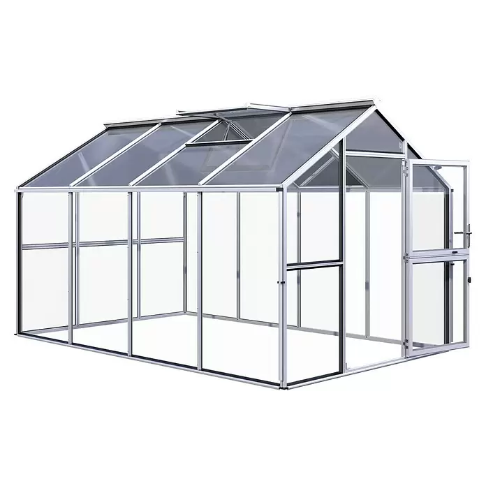 KGT Gewächshaus Novum IV - Außenmaß inkl. Dachüberstand (B x T): 273 x 408 cm, Material Seitenwand: Glas, 4 mm, Pressblank - Silberfarbenes Gewächshaus mit transparenten Paneelen, geöffnetem Dachfenster und teils offener Tür.