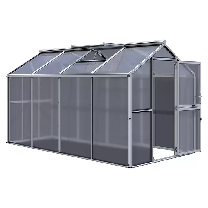 KGT Gewächshaus Galant IV - Außenmaß inkl. Dachüberstand (B x T): 216 x 408 cm, Material Seitenwand: Kunststoff, 10 mm, Anthrazit-Grau - Silbergerahmtes Gewächshaus mit lichtdurchlässigen Platten, offenem Dachfenster und offener Tür.