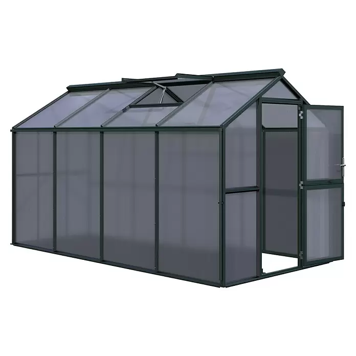 KGT Gewächshaus Galant IV - Außenmaß inkl. Dachüberstand (B x T): 216 x 408 cm, Material Seitenwand: Kunststoff, 10 mm, Tannengrün - Dunkelgrünes Gewächshaus mit lichtdurchlässigen Polycarbonatplatten, geöffnetem Dachfenster und offener Tür.