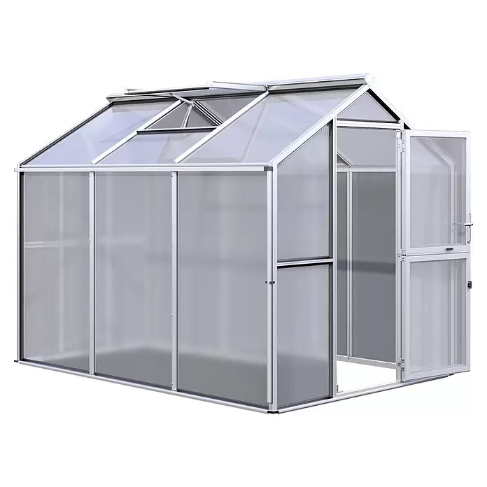 KGT Gewächshaus Galant III - Außenmaß inkl. Dachüberstand (B x T): 216 x 308 cm, Material Seitenwand: Kunststoff, 10 mm, Pressblank - Silberfarbenes Gewächshaus mit transparenten Polycarbonatplatten, Flügeltür und Dachlüftungen.