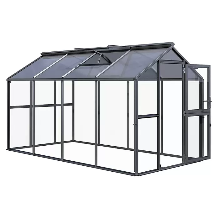 KGT Gewächshaus Galant IV - Außenmaß inkl. Dachüberstand (B x T): 216 x 408 cm, Material Seitenwand: Glas, 4 mm, Anthrazit-Grau - Graues Metallgewächshaus mit transparenten Paneelen, Dachluke und offener Seitentür.