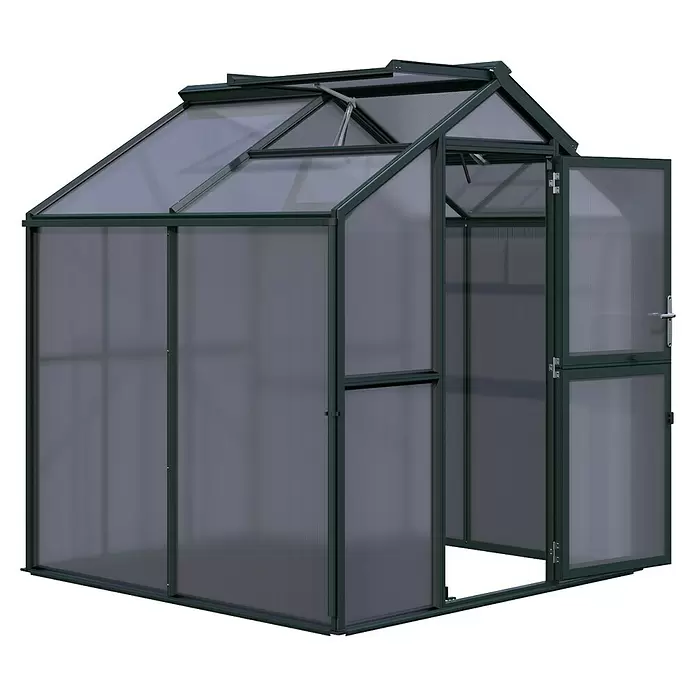 KGT Gewächshaus Galant II - Außenmaß inkl. Dachüberstand (B x T): 216 x 208 cm, Material Seitenwand: Kunststoff, 10 mm, Tannengrün - Dunkelgrünes Gewächshaus mit lichtdurchlässigen Platten, offener Tür und Dachfenstern zur Belüftung.