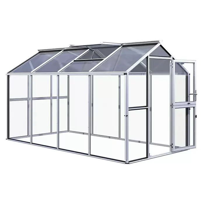 KGT Gewächshaus Galant IV - Außenmaß inkl. Dachüberstand (B x T): 216 x 408 cm, Material Seitenwand: Glas, 4 mm, Pressblank - Silbergerahmtes Gewächshaus mit transparenten Platten, offenem Dachfenster und offener Tür.